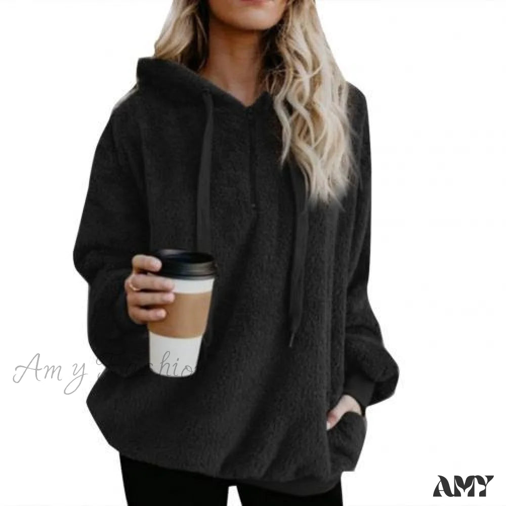 Amy Fashion - Solid Color Zip Up Fluffy Hoodie Black / S