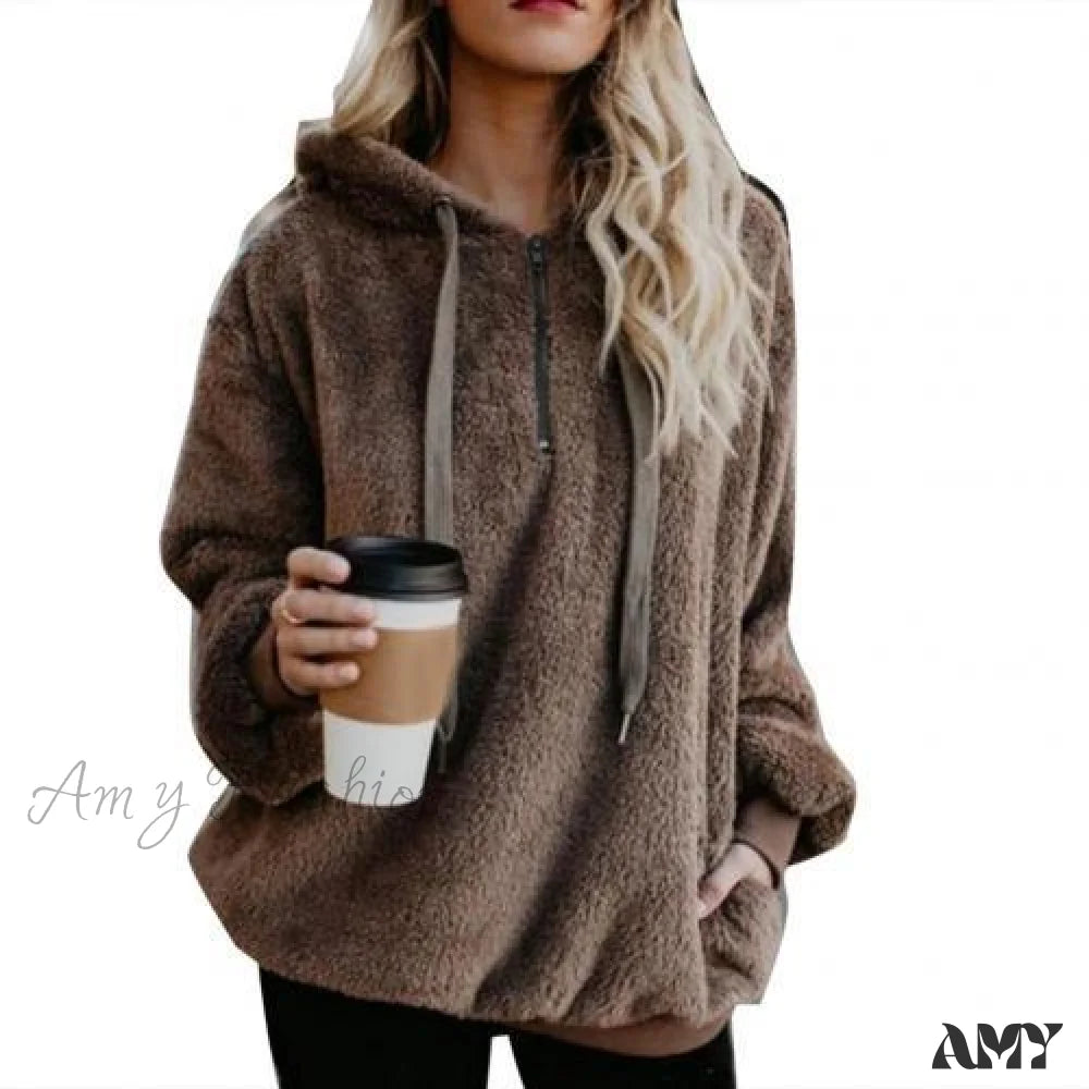 Amy Fashion - Solid Color Zip Up Fluffy Hoodie Brown / S