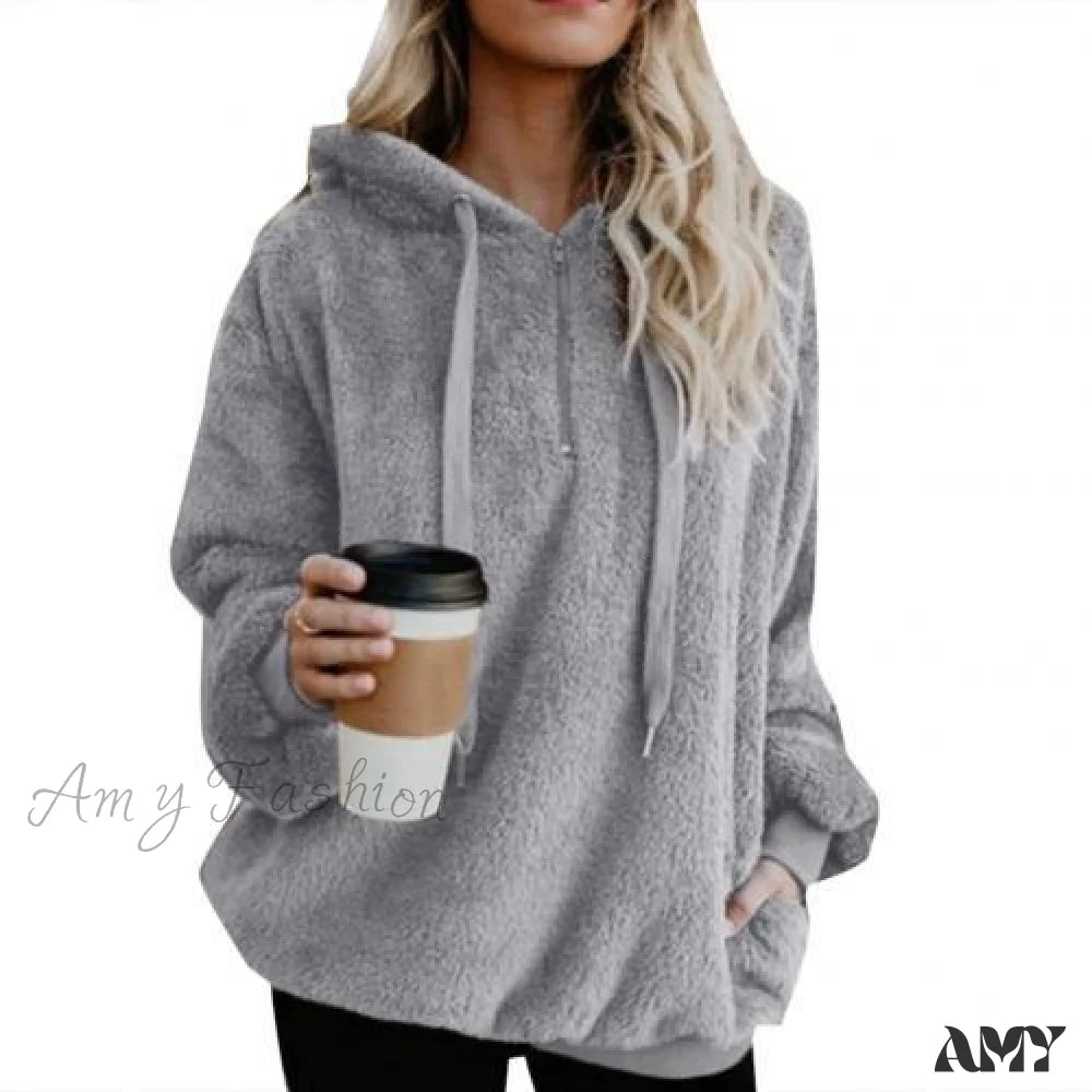 Amy Fashion - Solid Color Zip Up Fluffy Hoodie Light Gray / S