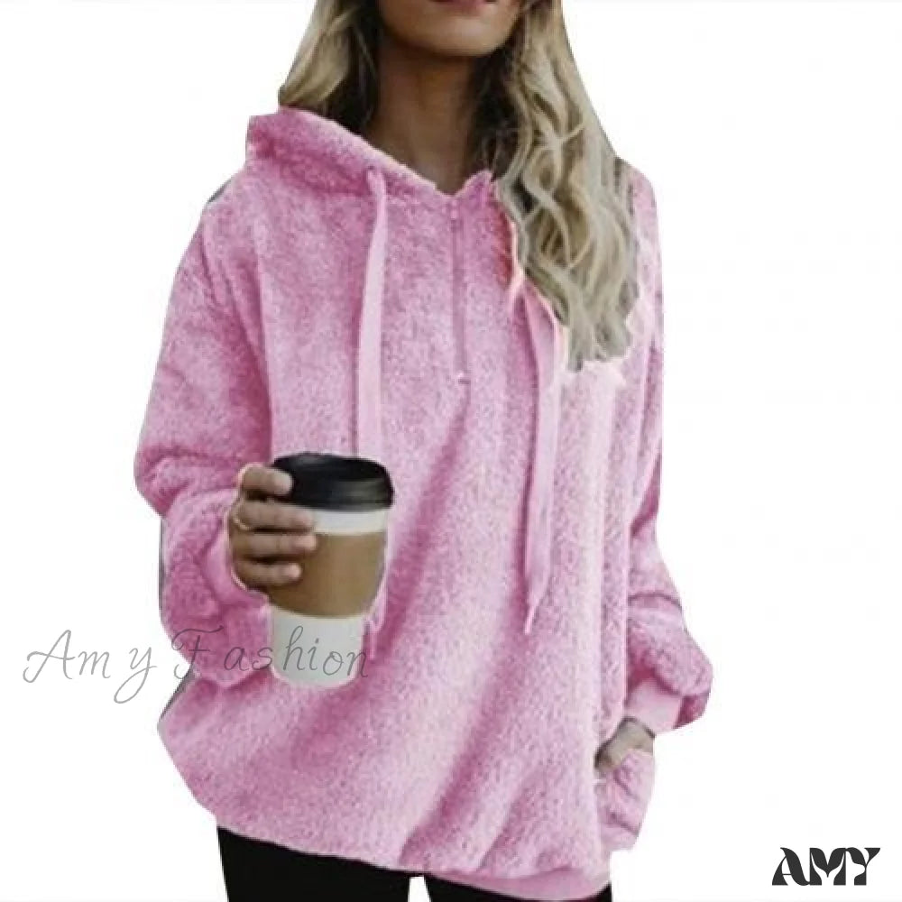 Amy Fashion - Solid Color Zip Up Fluffy Hoodie Pink / S