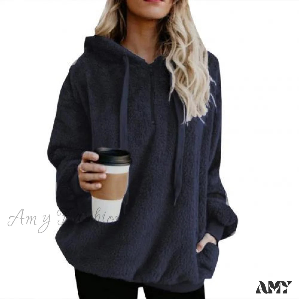 Amy Fashion - Solid Color Zip Up Fluffy Hoodie Sapphire Blue / S