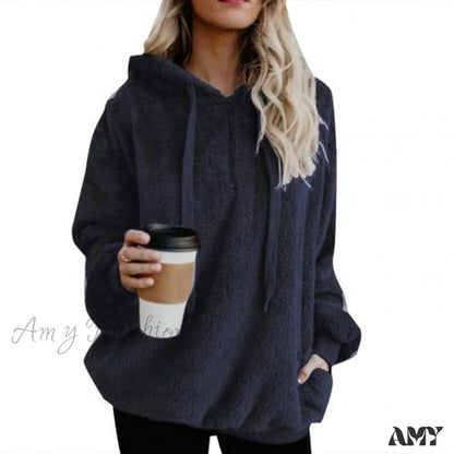 Amy Fashion - Solid Color Zip Up Fluffy Hoodie Sapphire Blue / S