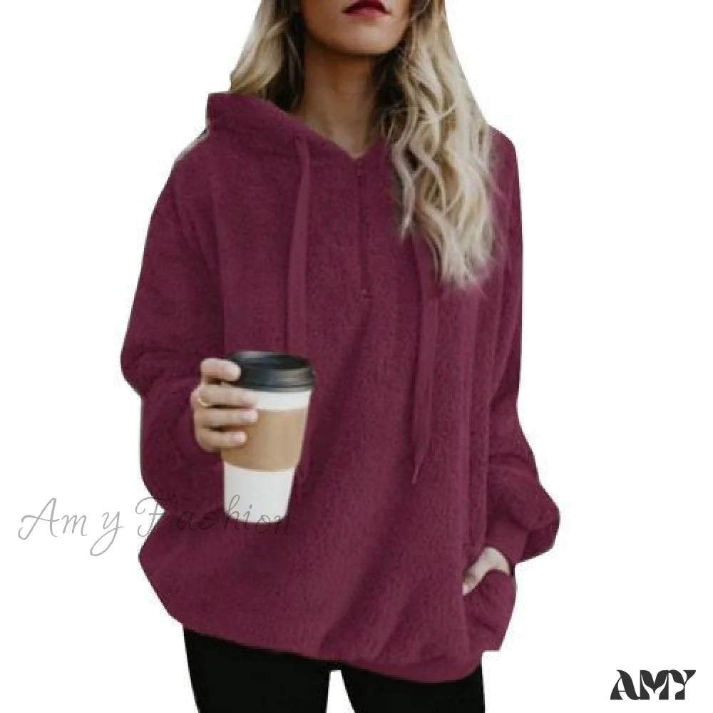 Amy Fashion - Solid Color Zip Up Fluffy Hoodie Wine Red / S