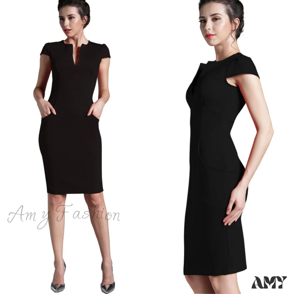 Amy Fashion - Solid Deep V Neck Zipper Back Formal Stretch Pencil Dress