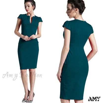 Amy Fashion - Solid Deep V Neck Zipper Back Formal Stretch Pencil Dress