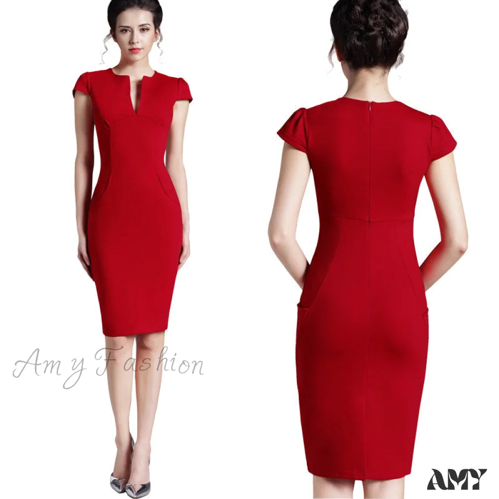 Amy Fashion - Solid Deep V Neck Zipper Back Formal Stretch Pencil Dress