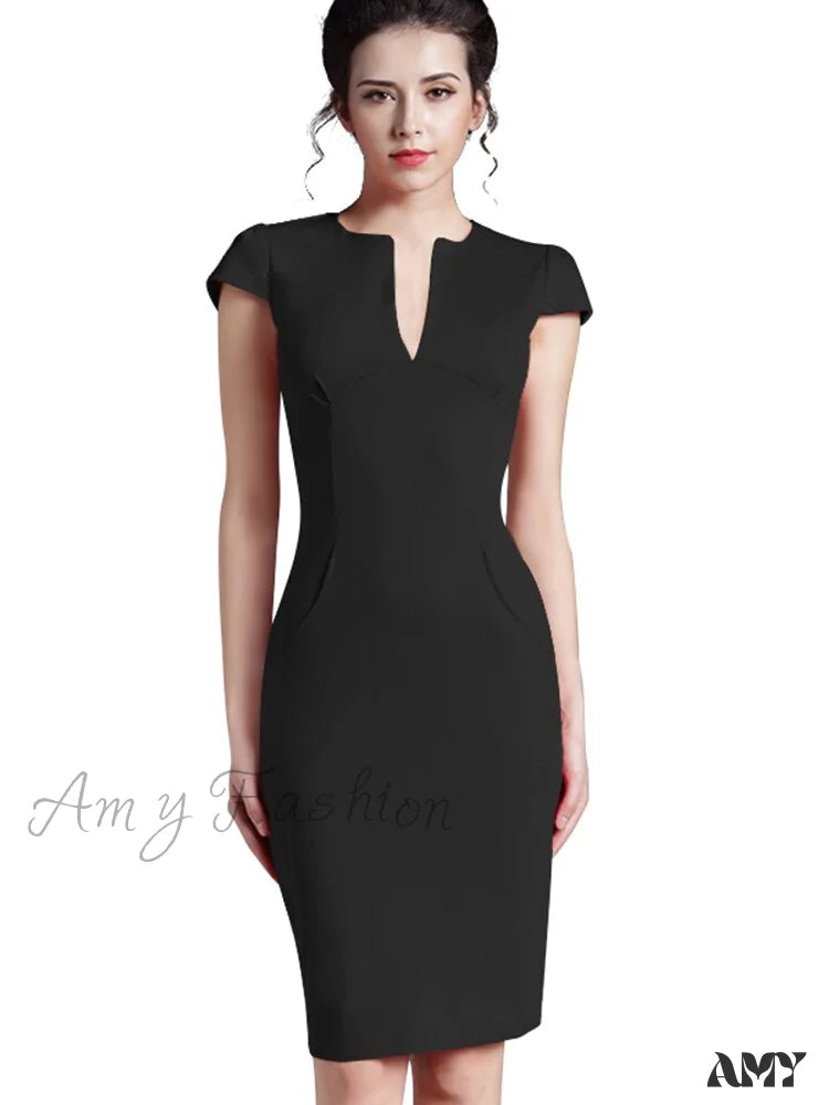 Amy Fashion - Solid Deep V Neck Zipper Back Formal Stretch Pencil Dress Black / S