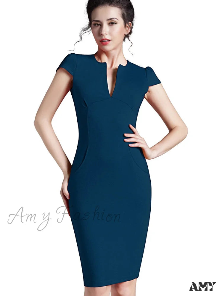 Amy Fashion - Solid Deep V Neck Zipper Back Formal Stretch Pencil Dress Blue / S