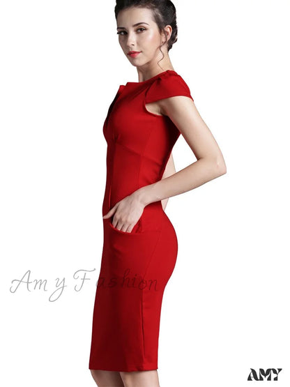 Amy Fashion - Solid Deep V Neck Zipper Back Formal Stretch Pencil Dress Red / M