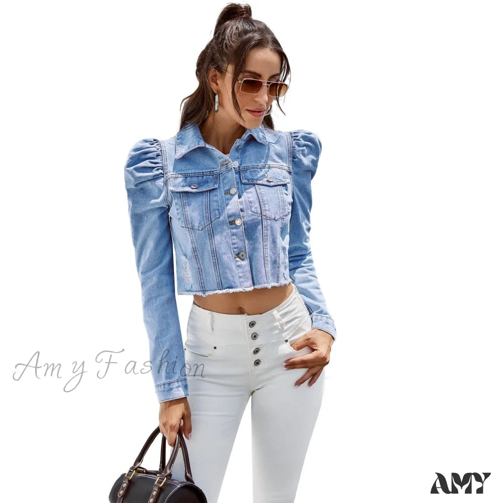 Amy Fashion - Solid Long Sleeve Slim Short Denim Jacket