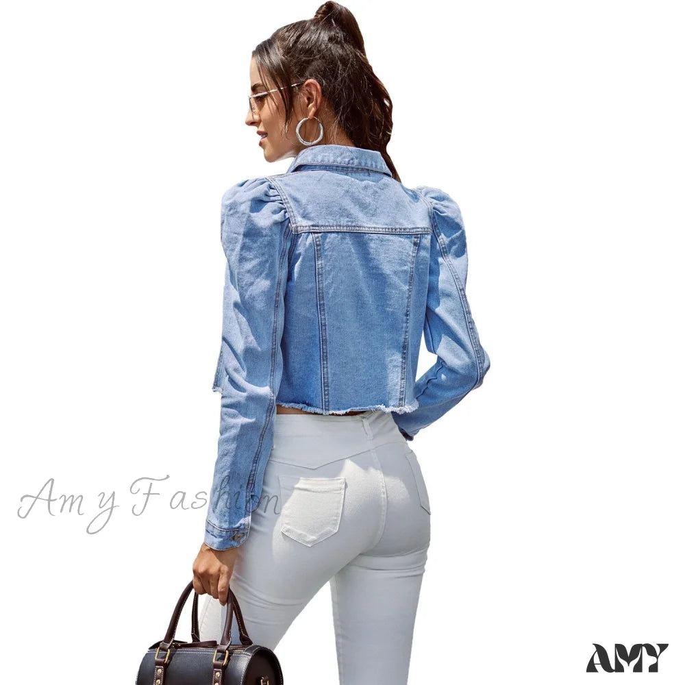 Amy Fashion - Solid Long Sleeve Slim Short Denim Jacket