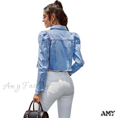 Amy Fashion - Solid Long Sleeve Slim Short Denim Jacket