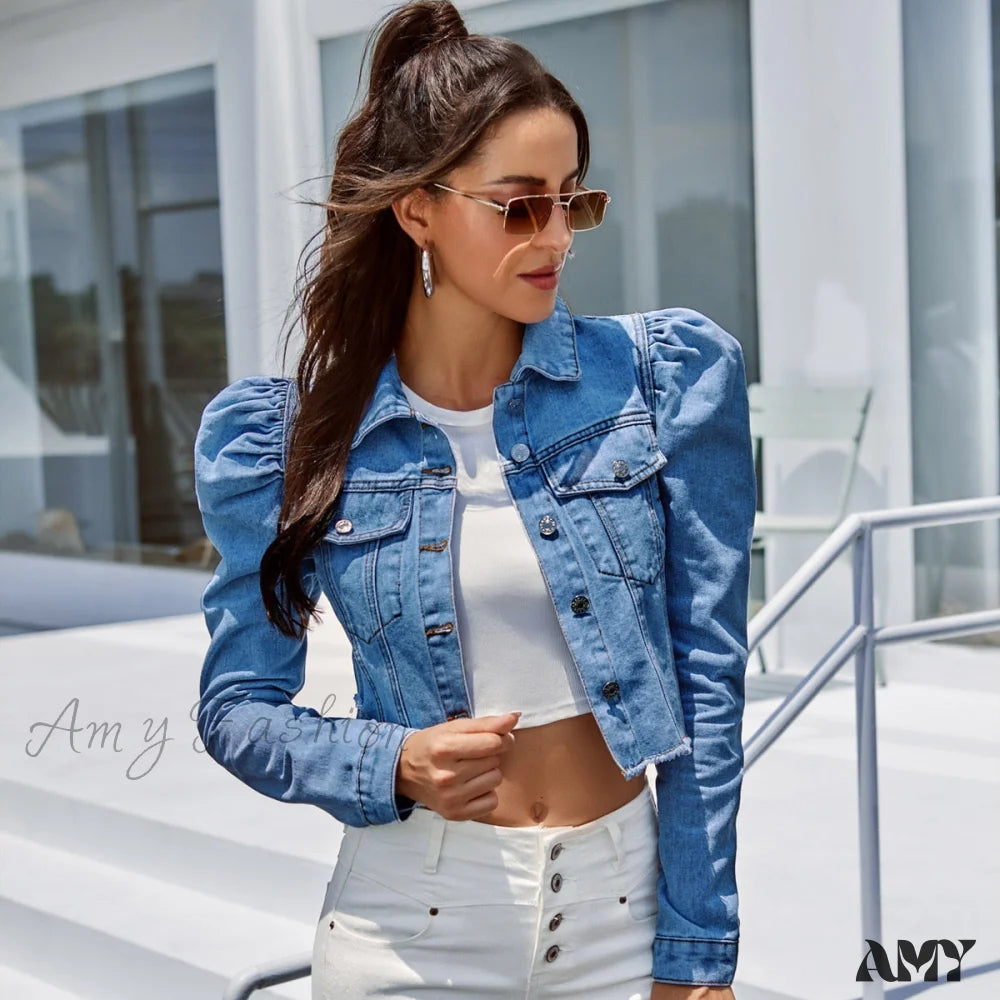 Amy Fashion - Solid Long Sleeve Slim Short Denim Jacket