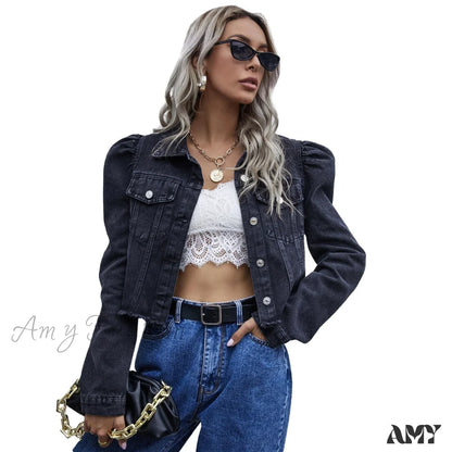 Amy Fashion - Solid Long Sleeve Slim Short Denim Jacket