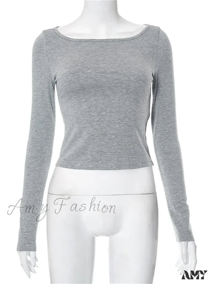 Amy Fashion - Solid Round Neck Spring Fall Backless Long Sleeve Drawstring T-Shirts Grey / S