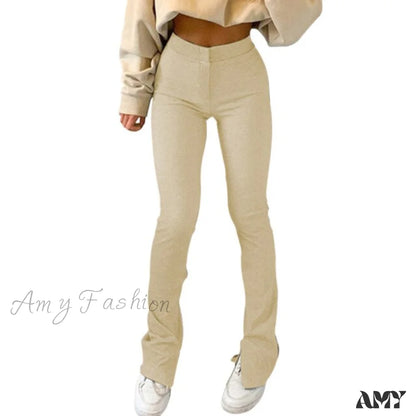 Amy Fashion - Solid Sweatpants Skinny Long Trousers Beige / S