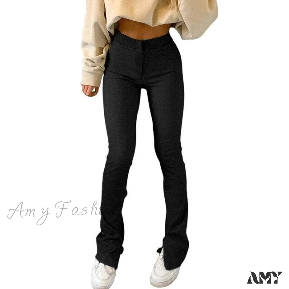 Amy Fashion - Solid Sweatpants Skinny Long Trousers Black / S