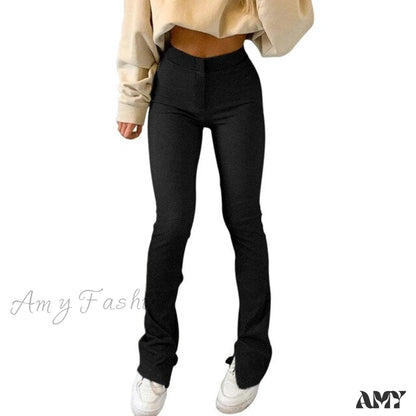 Amy Fashion - Solid Sweatpants Skinny Long Trousers Black / S