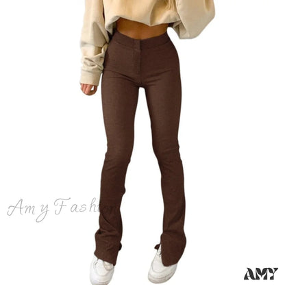 Amy Fashion - Solid Sweatpants Skinny Long Trousers Brown / S