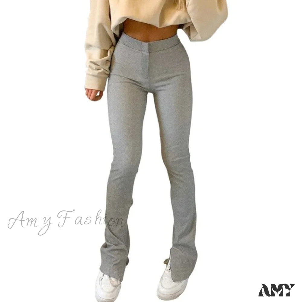 Amy Fashion - Solid Sweatpants Skinny Long Trousers Gray / S