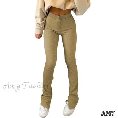 Amy Fashion - Solid Sweatpants Skinny Long Trousers Khaki / S