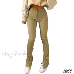 Amy Fashion - Solid Sweatpants Skinny Long Trousers Khaki / S