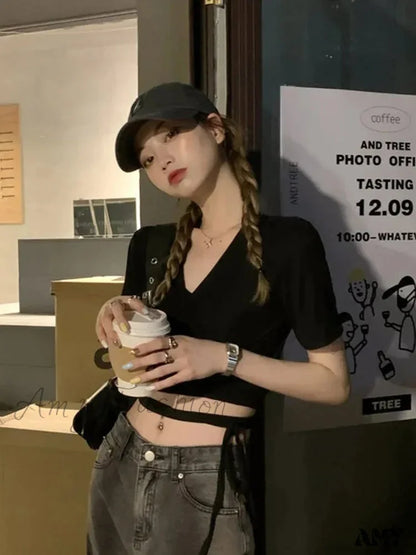 Amy Fashion - Solid V-Neck Sexy Harajuku Korean Street T-Shirts Crop Top