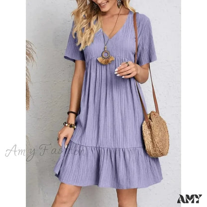 Amy Fashion - Solid V-Neck Short Sleeve Ruffles Boho Dress