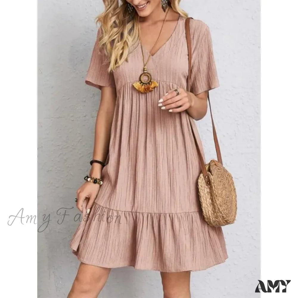 Amy Fashion - Solid V-Neck Short Sleeve Ruffles Boho Dress