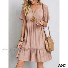 Amy Fashion - Solid V-Neck Short Sleeve Ruffles Boho Dress