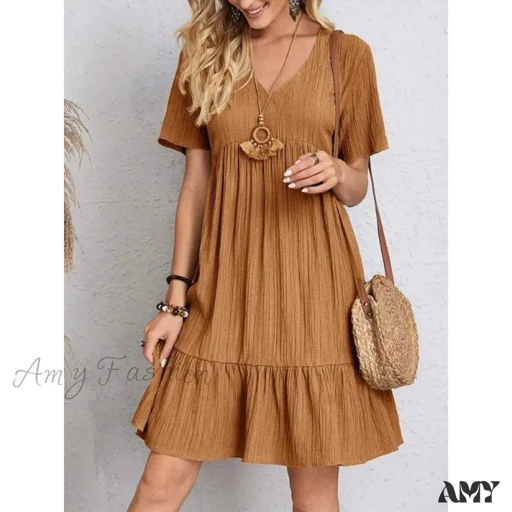 Amy Fashion - Solid V-Neck Short Sleeve Ruffles Boho Dress