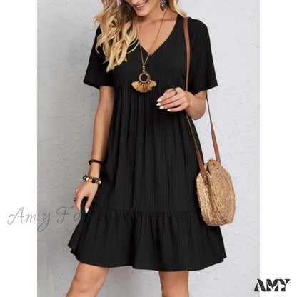 Amy Fashion - Solid V-Neck Short Sleeve Ruffles Boho Dress