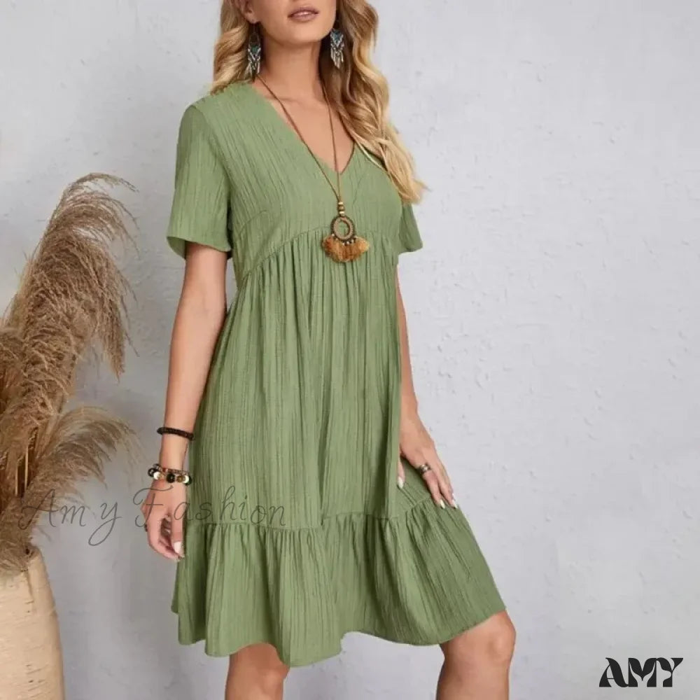 Amy Fashion - Solid V-Neck Short Sleeve Ruffles Boho Dress Green / S