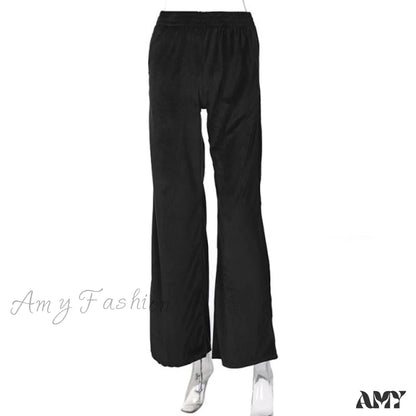 Amy Fashion - Solid Velvet Wide Leg Pants Black / S