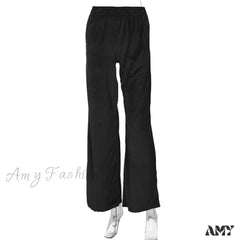 Amy Fashion - Solid Velvet Wide Leg Pants Black / S