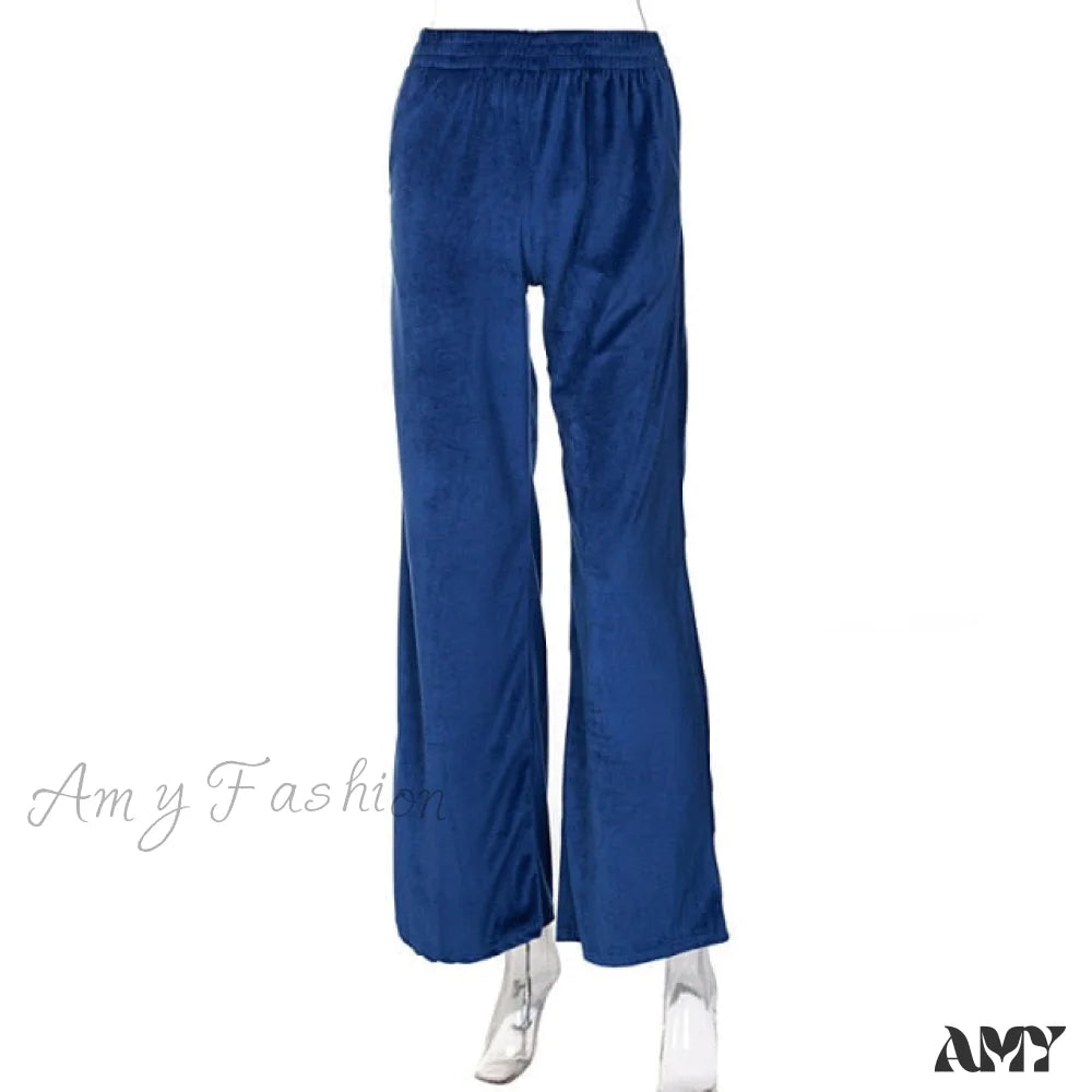 Amy Fashion - Solid Velvet Wide Leg Pants Blue / S