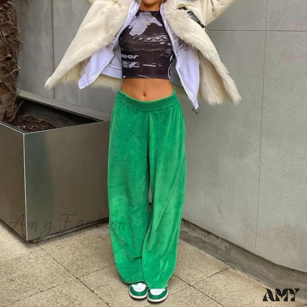 Amy Fashion - Solid Velvet Wide Leg Pants Green / S