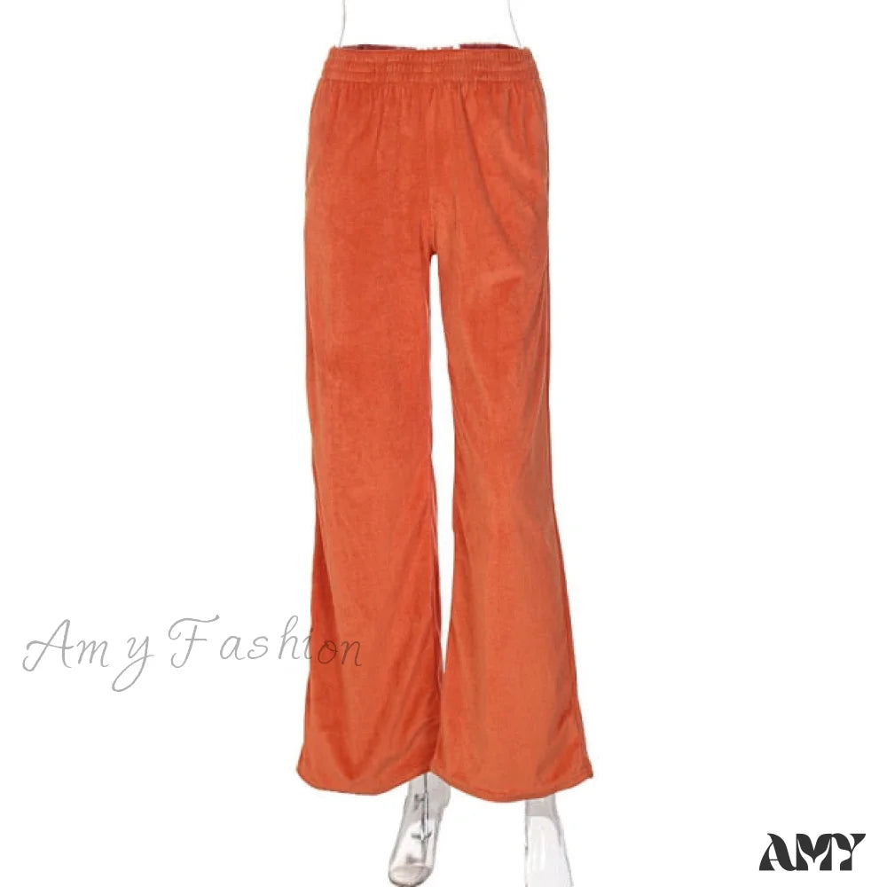 Amy Fashion - Solid Velvet Wide Leg Pants Orange / S