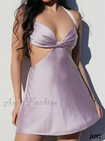 Amy Fashion - Spaghetti Strap Backless Satin Halter Hollow Out Mini Dress