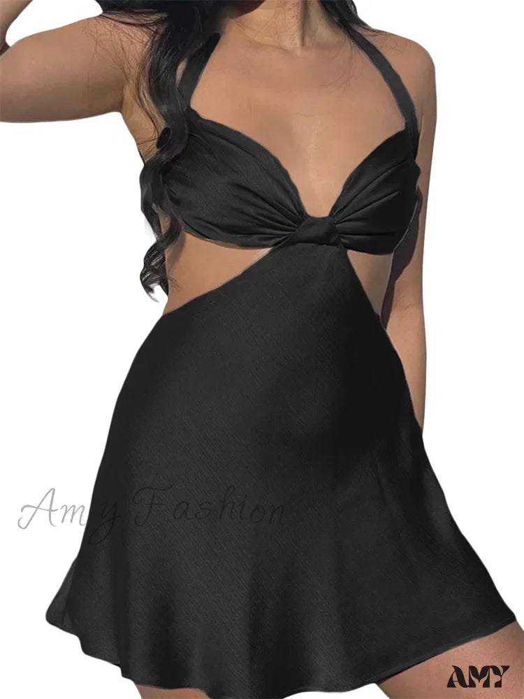 Amy Fashion - Spaghetti Strap Backless Satin Halter Hollow Out Mini Dress Black / S