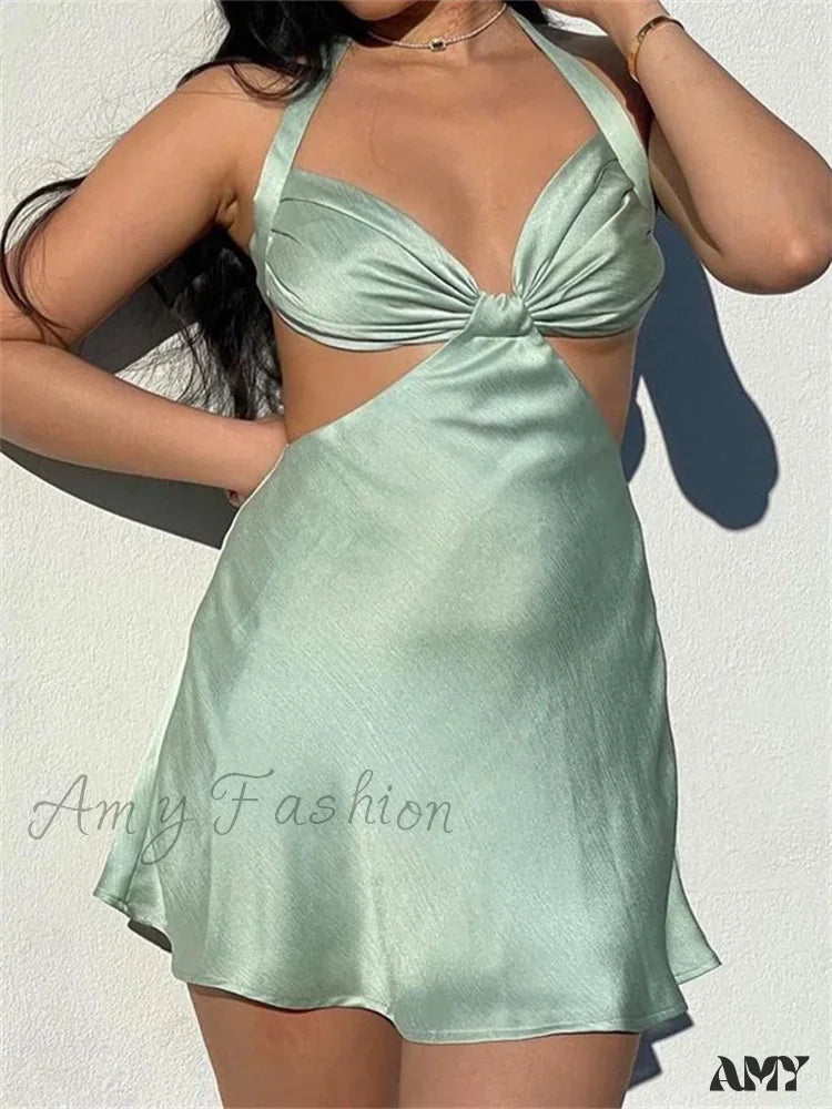 Amy Fashion - Spaghetti Strap Backless Satin Halter Hollow Out Mini Dress Green / S