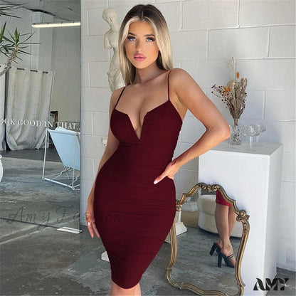 Amy Fashion - Spaghetti Strap Low Cut Sleeveless High Waist Dress