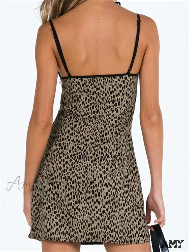 Amy Fashion - Spaghetti Strap Sleeveless Summer Leopard Print Party Mini Dress