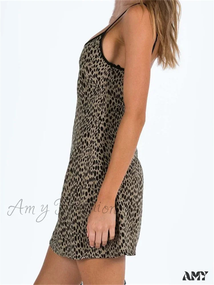 Amy Fashion - Spaghetti Strap Sleeveless Summer Leopard Print Party Mini Dress