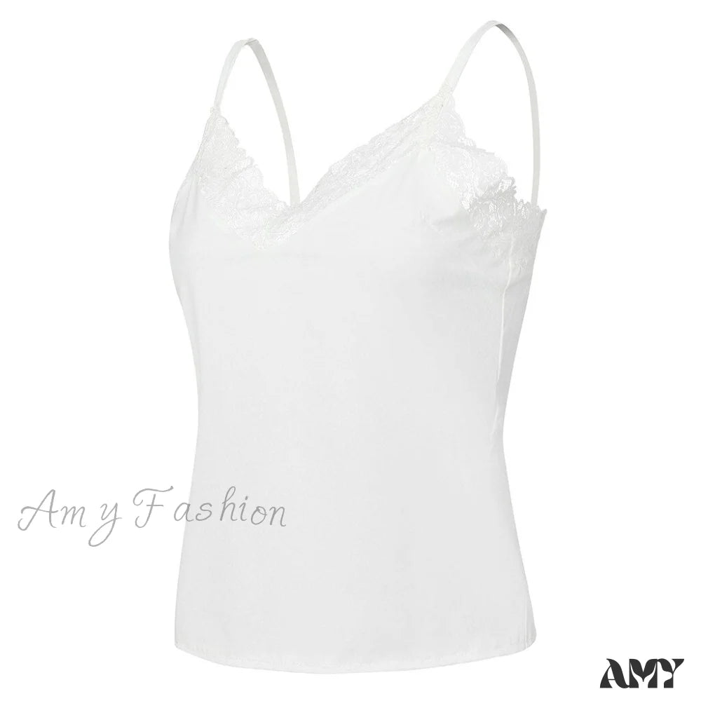 Amy Fashion - Spaghetti Strap Top Lace Cami White / S