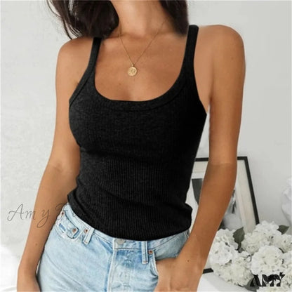 Amy Fashion - Spaghetti Vest Quality Knitted Camis U-Neck Tank Tops Black / S