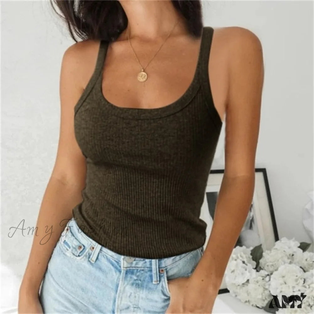 Amy Fashion - Spaghetti Vest Quality Knitted Camis U-Neck Tank Tops Brown / S