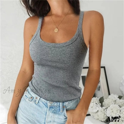 Amy Fashion - Spaghetti Vest Quality Knitted Camis U-Neck Tank Tops Gray / S