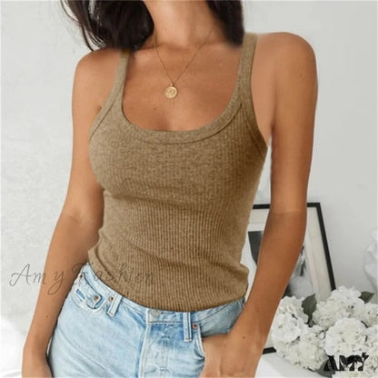 Amy Fashion - Spaghetti Vest Quality Knitted Camis U-Neck Tank Tops Khaki / S