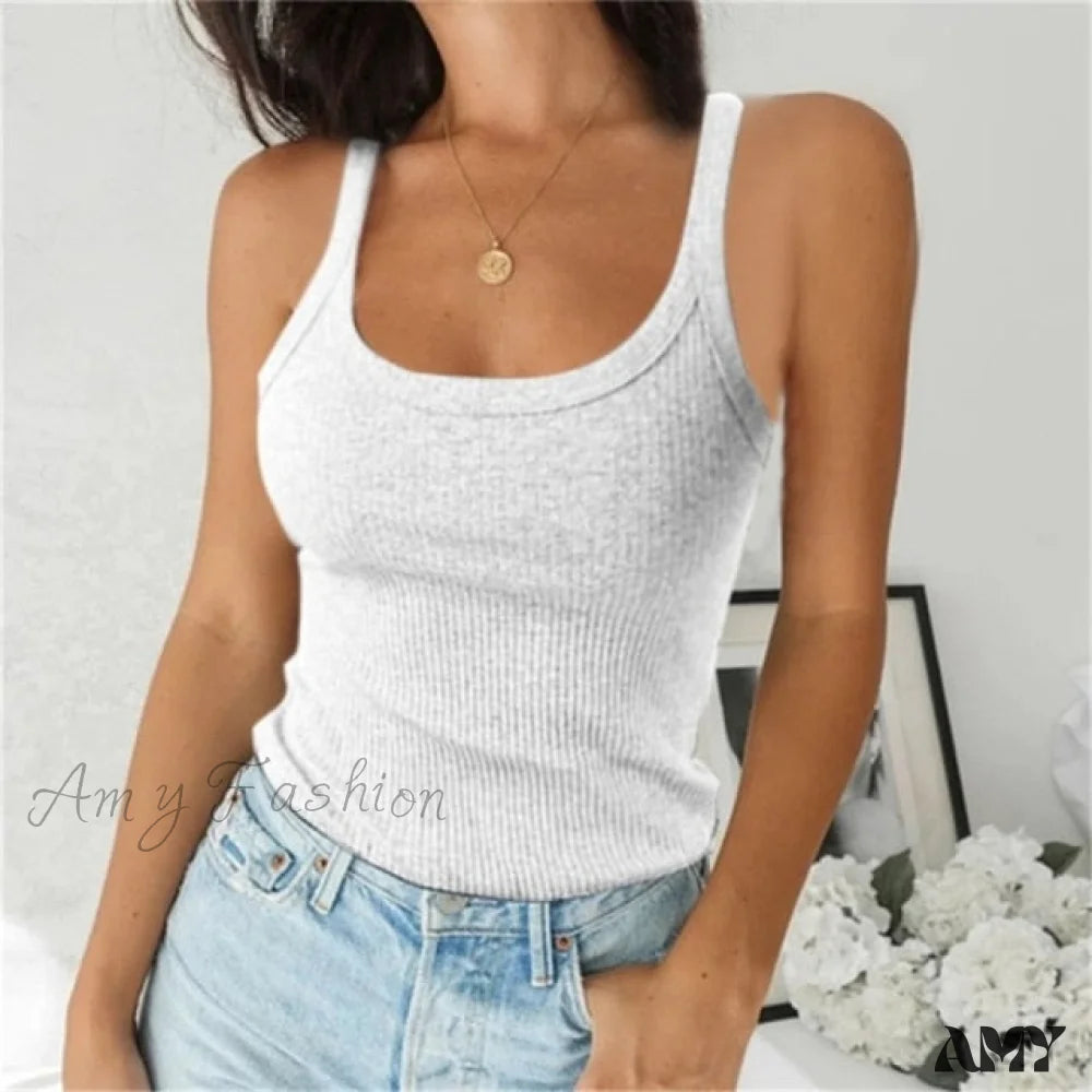 Amy Fashion - Spaghetti Vest Quality Knitted Camis U-Neck Tank Tops White / S